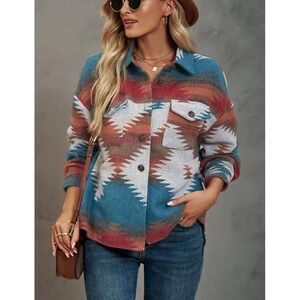 Benson River Southwest Aztec Print Jacket Women Large Blue Orange Red Size Large